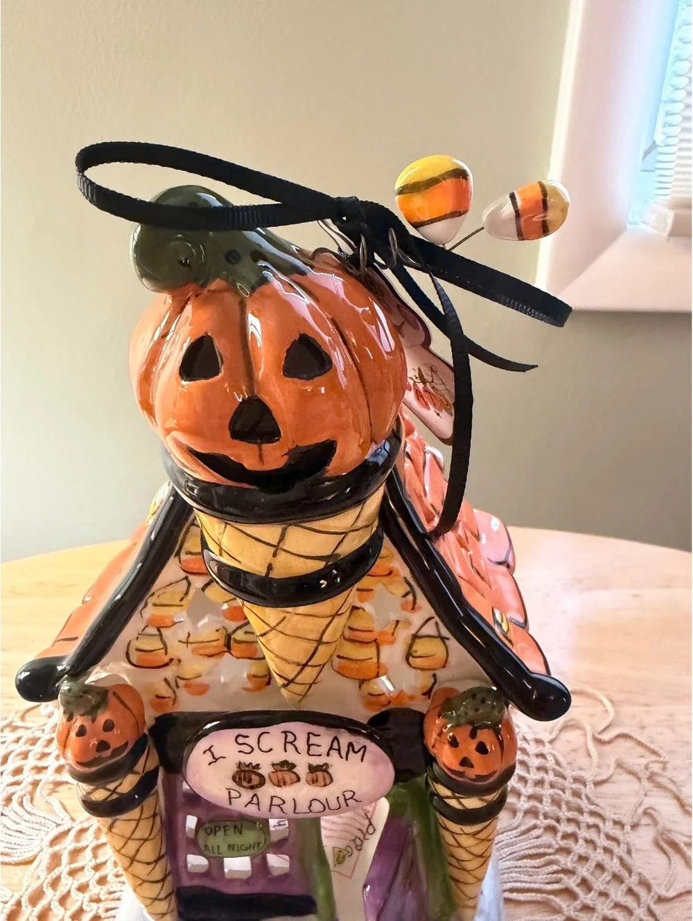 Blue Sky Clayworks Halloween Pumpkin Ice Cream Parlour Ceramic Candle Holder